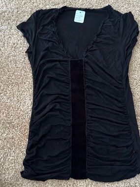 Morgan de Toi Black Ruched V-Neck Top with Velvet Center